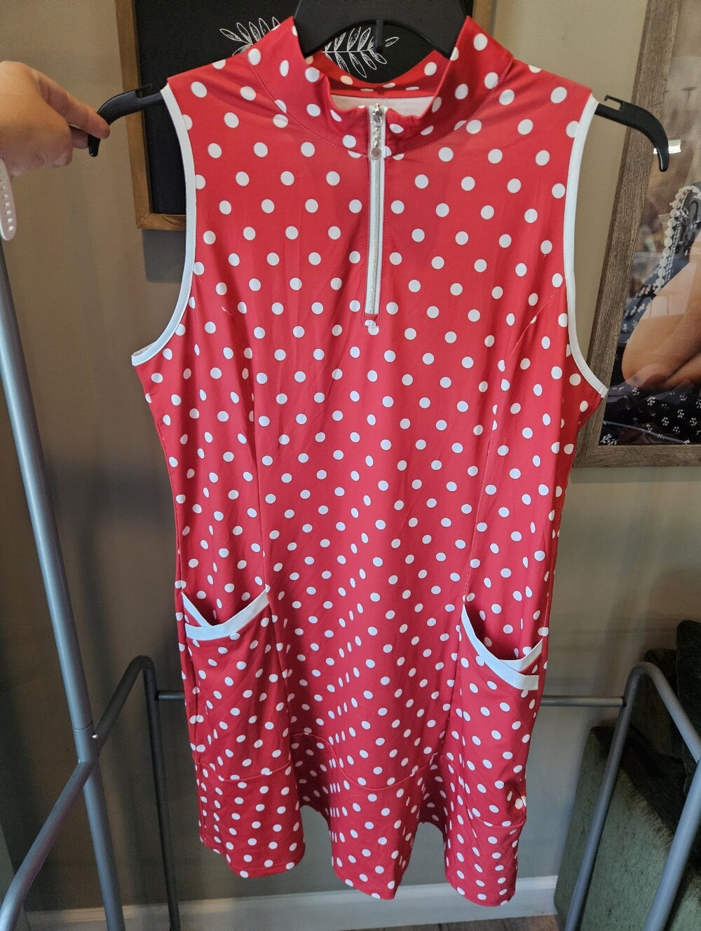 ACEGOLFS Colorful Golf Tennis Dress Large UPF50 Pockets Red Polka Dots NWT